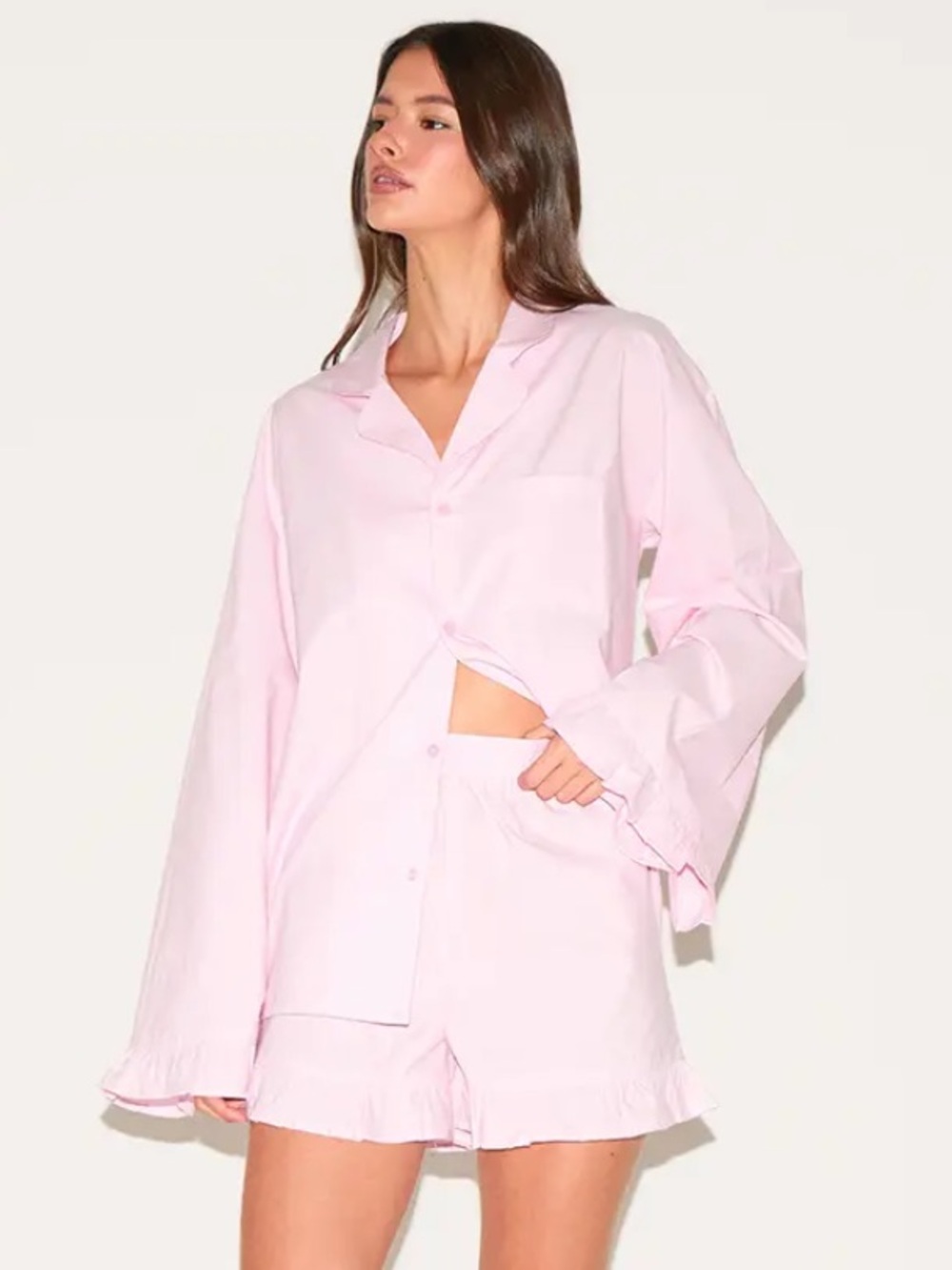Light Pink Ruffle Hem Pajama Set 100% cotton - Picture 3 of 5
